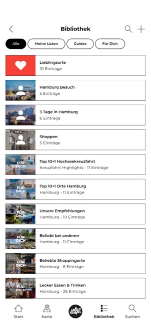 Persönliche Bibliothek mit eigenen Listen zum Speichern und Teilen in der Hamburg App