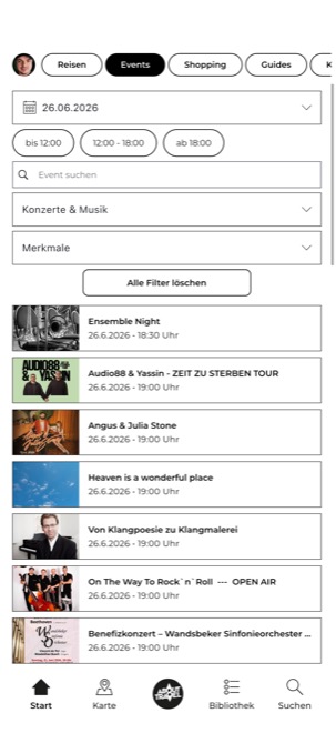 Eventübersicht der Hamburg App mit Konzerten und Veranstaltungen, filterbar nach Datum