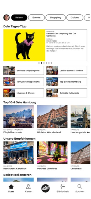 Startbildschirm der About Travel Hamburg App mit Tagestipp und Top-Sehenswürdigkeiten