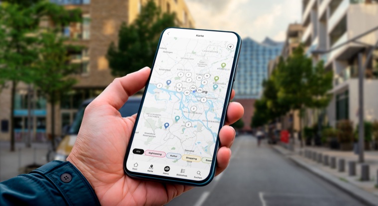 App-Kartenbildschirm mit Elbphilharmonie-Darstellung
